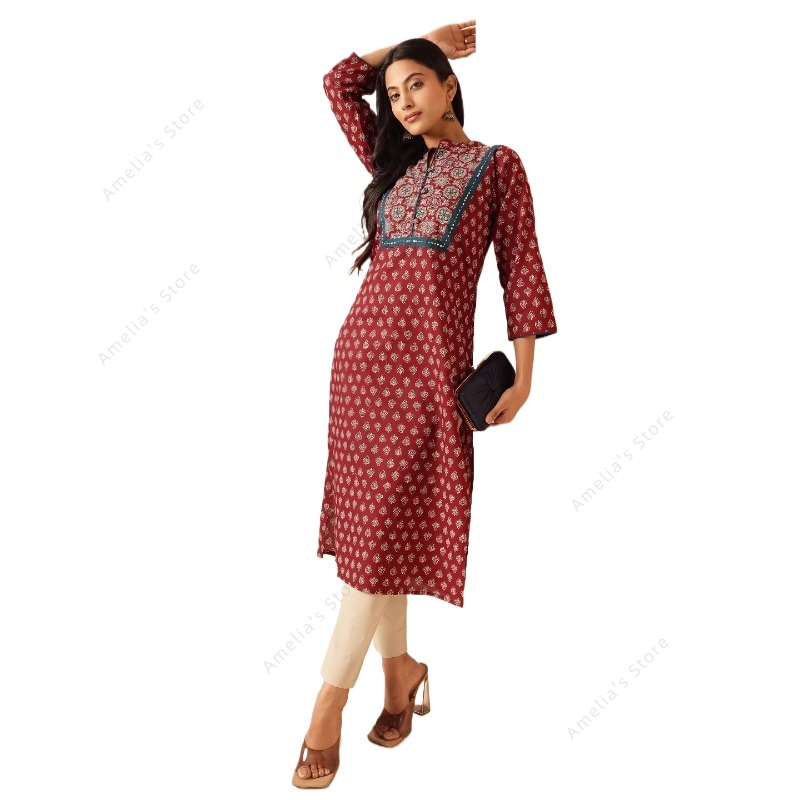 Summer Clothing Pakistan - Wiosenno-letnia damska etniczna bordowa bluzka kurta