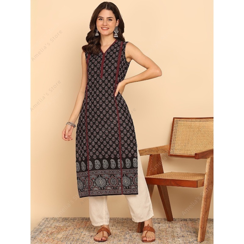 Summer Clothing Pakistan - Indyjska etniczna damska czarno-zielona bawełniana kurta,