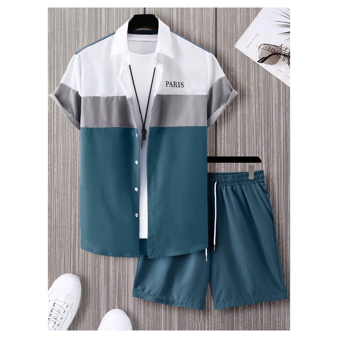 Summer Clothing Line - Męski garnitur modny, niebiesko-biały patchworkowy, jednorzędowy,